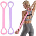 Figure 8 resistance band in pink and purple, shown in use for a back stretch